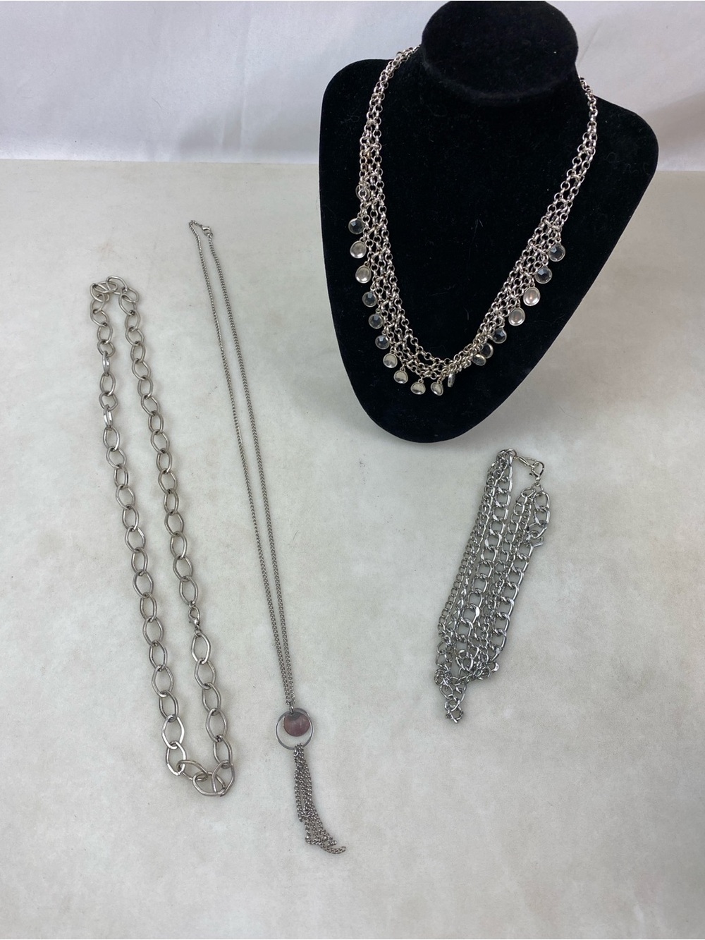 Silver Tone Necklace Lot Chunky Chain Layered Tassel Statement Jewelry
